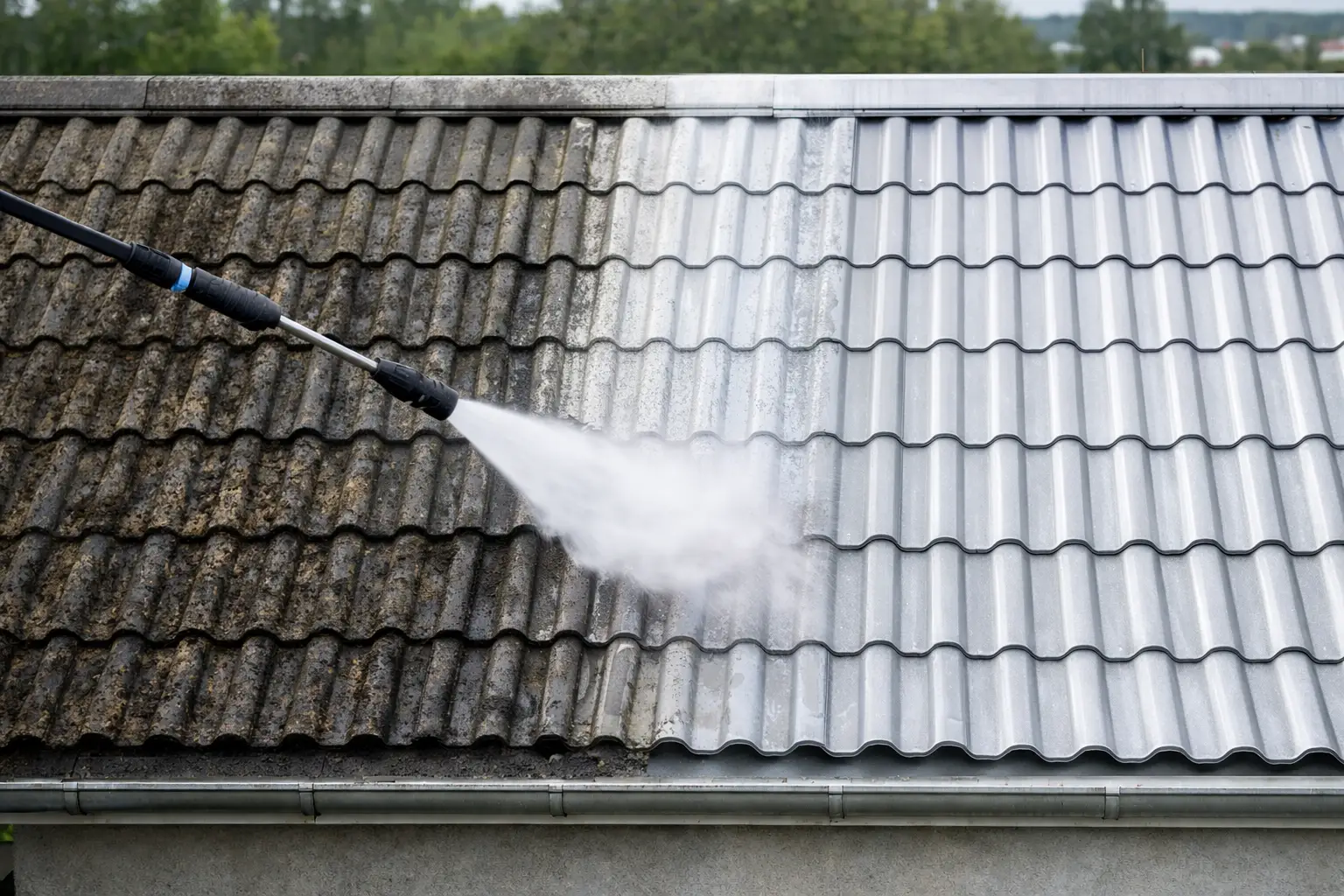 Roof cleaning in progress