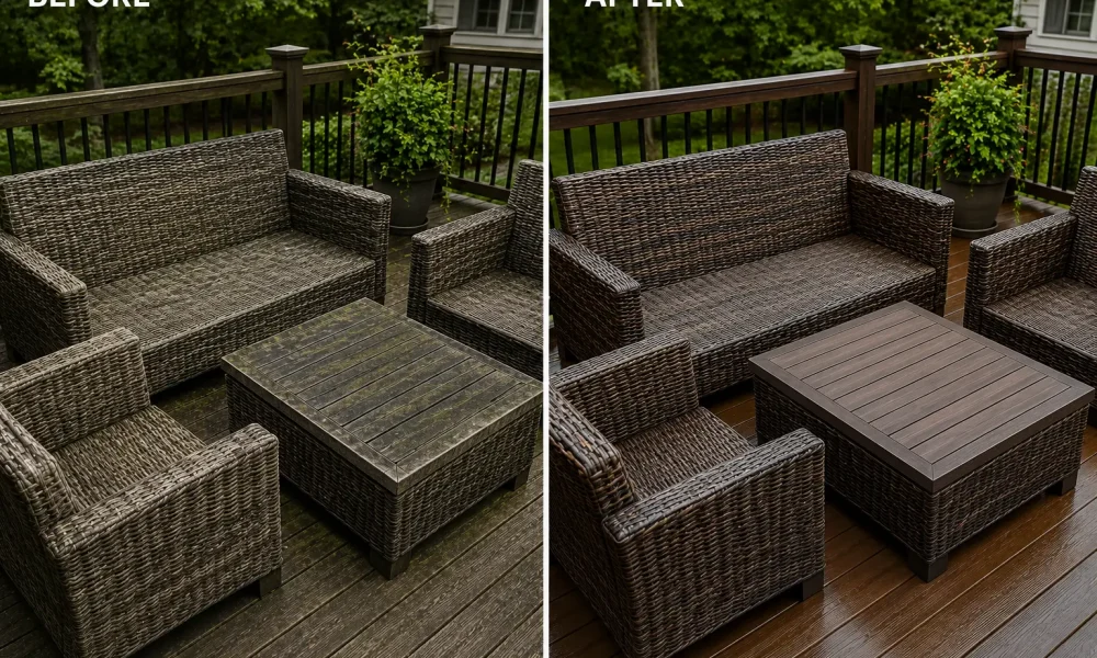 Captain Sparkles cleans deck furniture