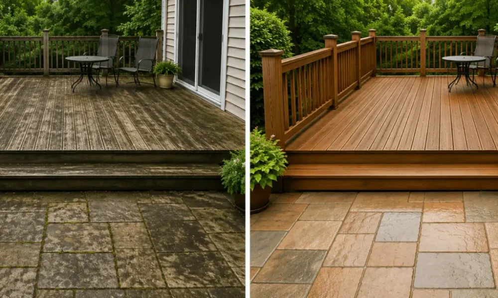 deck and stone landing and walkway power washed